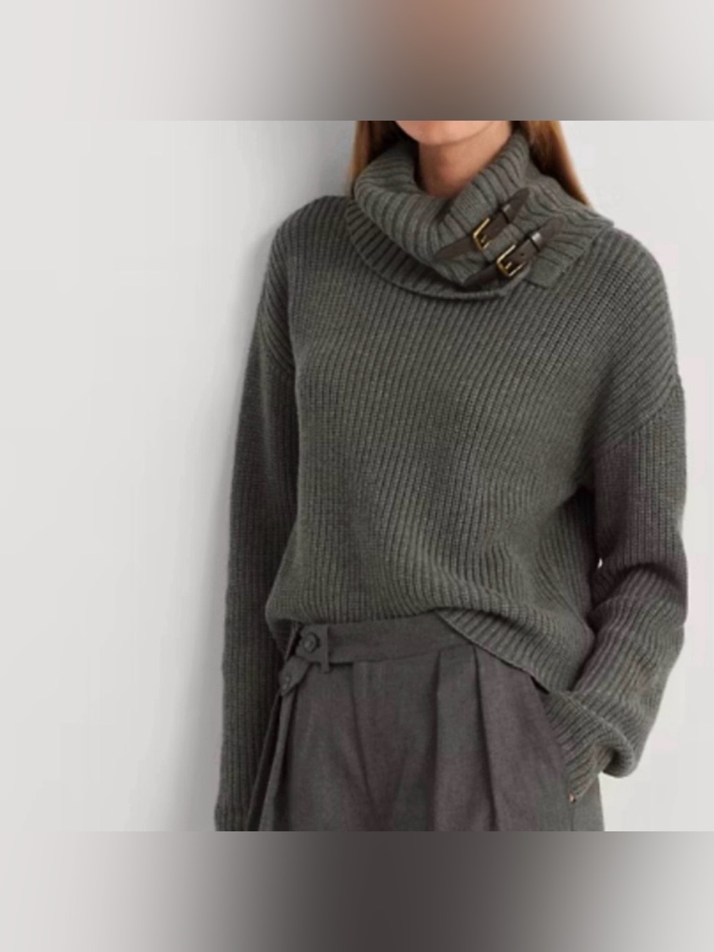 Ralph Lauren Buckle-Trim Cotton Ribbed Turtleneck in Grey Heather Knit, Size XXL
